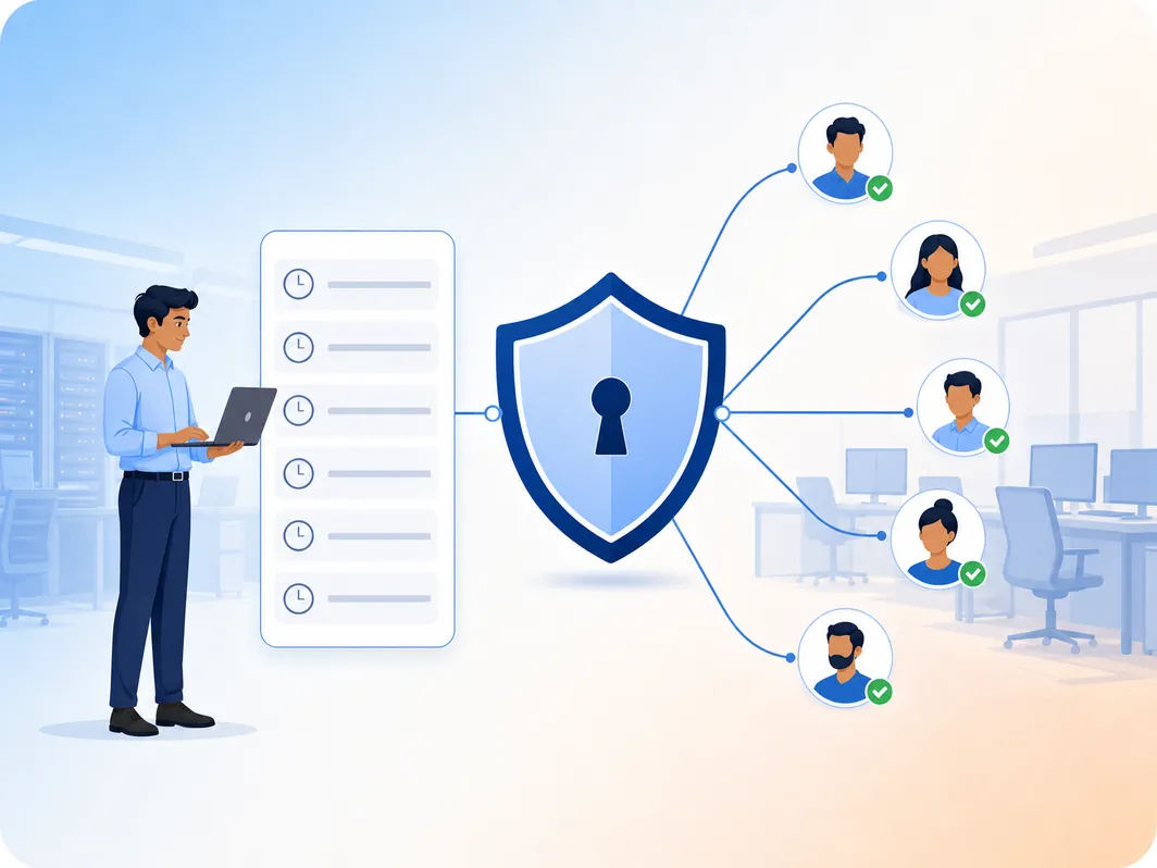 IT head with a laptop next to a secure single sign-on shield linked to employees and an audit log